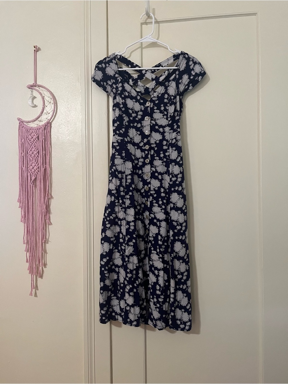 Maeve Navy and White Floral Button-Front Midi Dress